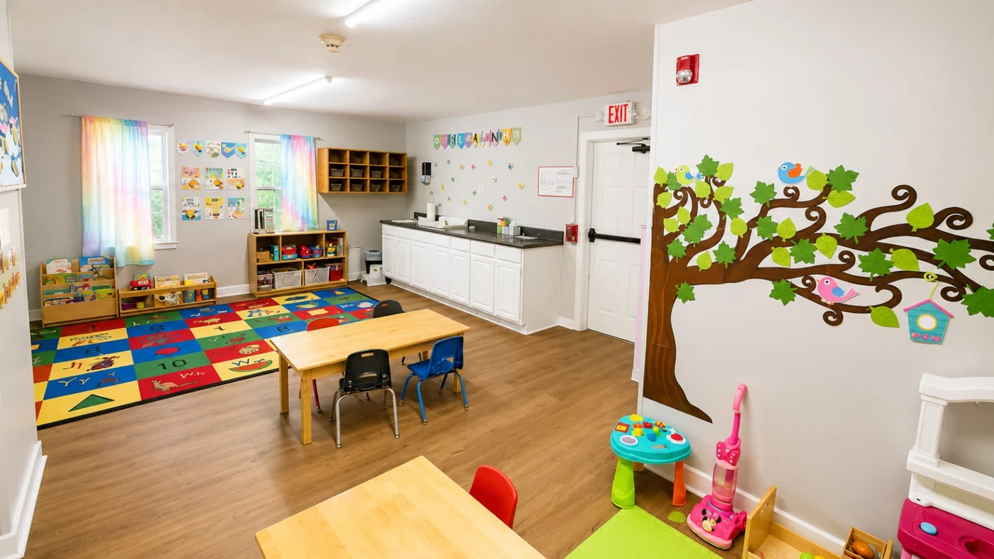 Classroom with books, toys and a colorful tree wall decoration