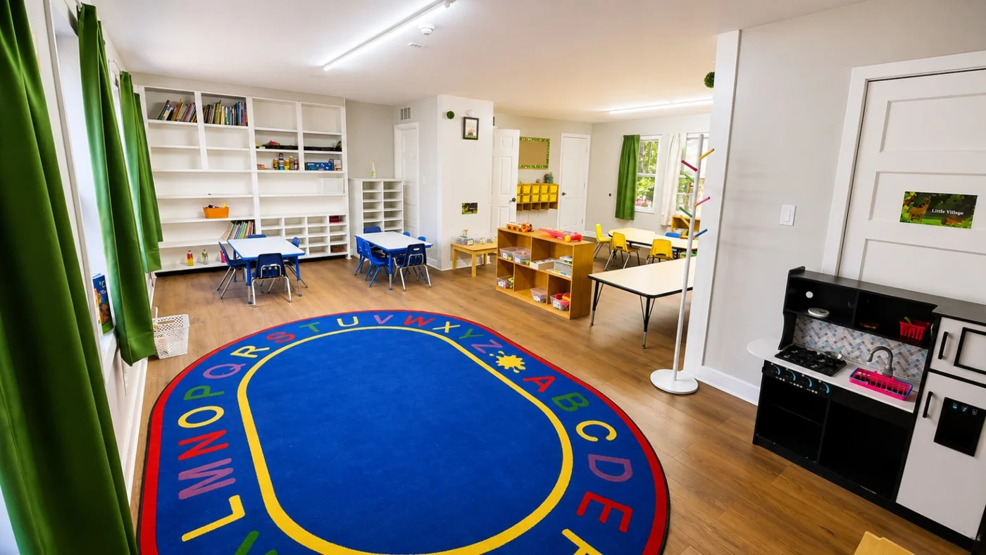 Classroom with bookshelves, activity tables and a blue alphabet rug
