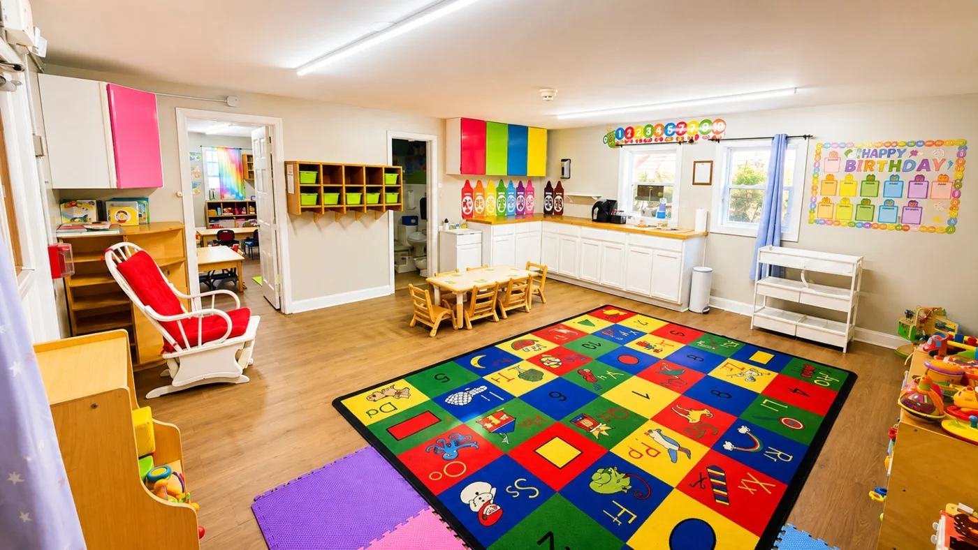 A bright YES classroom with small tables, colorful cubbies and a letter rug