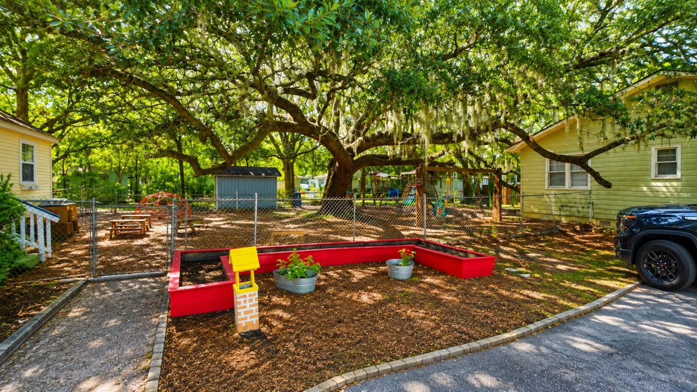 School playground beneath a large oak tree